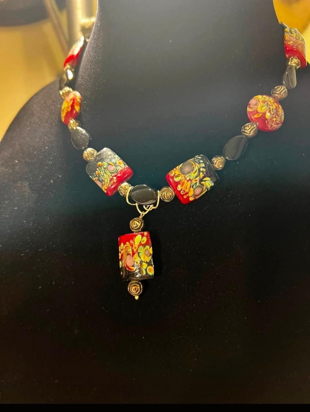 Vintage 80s 90s Art Glass Statement Necklace Red Black Gold Millefiori Style
